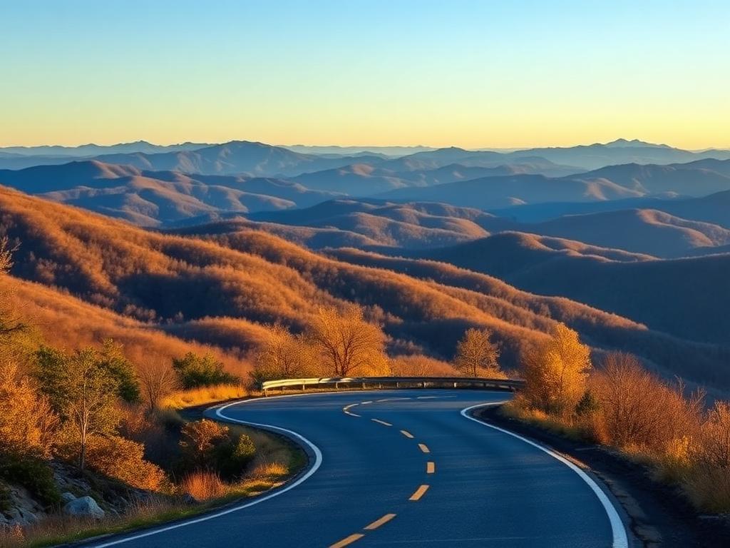 Blue Ridge Parkway curving through golden mountain ridges