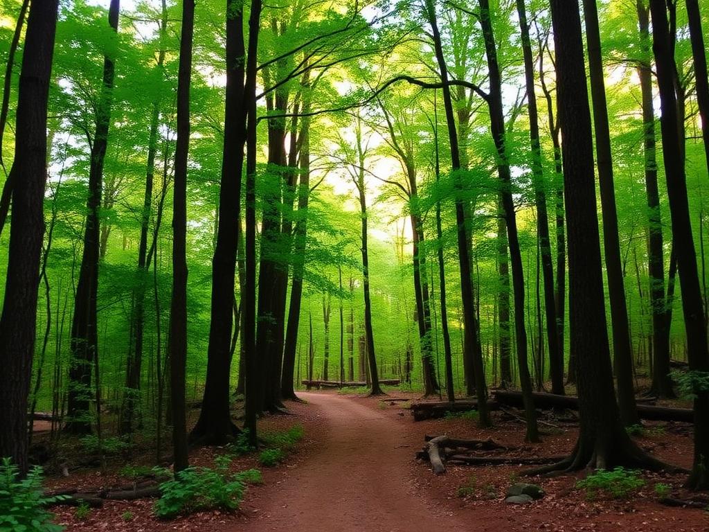 Hiking trail through the green hardwood forest of Pisgah National Forest