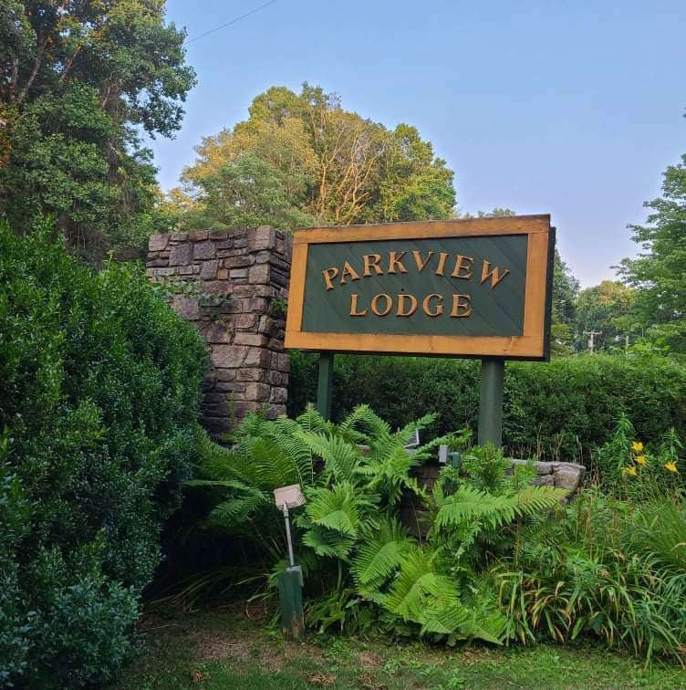 Wooden lodge sign framed by ferns
