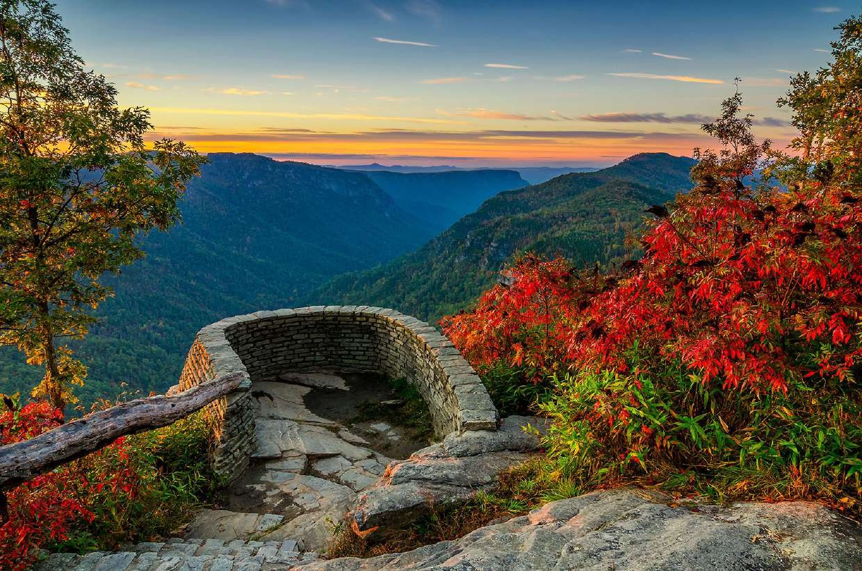 Blue Ridge Parkway overlook at sunset with fall color